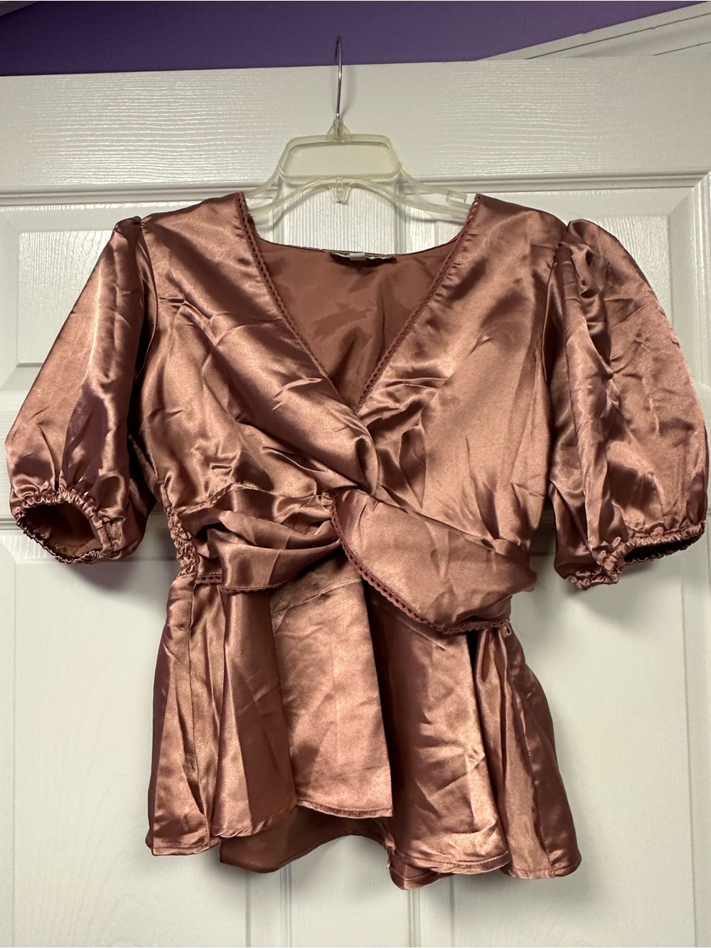 Satin Puff-Sleeve Blouse in Rose Bronze